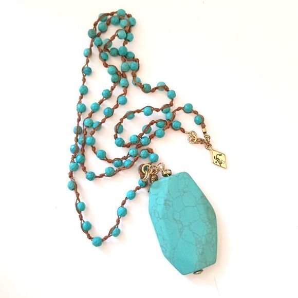 Sequin Brand Faux Turquoise Pendant Necklace Beaded Bohemian Witchy Hippie Boho - Picture 11 of 15
